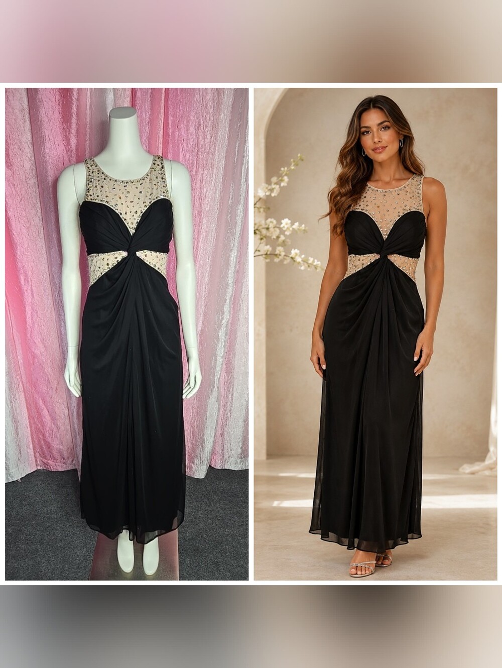 City Studios Y2K Black Mesh Rhinestone Illusion Cocktail Evening Gown Size 7